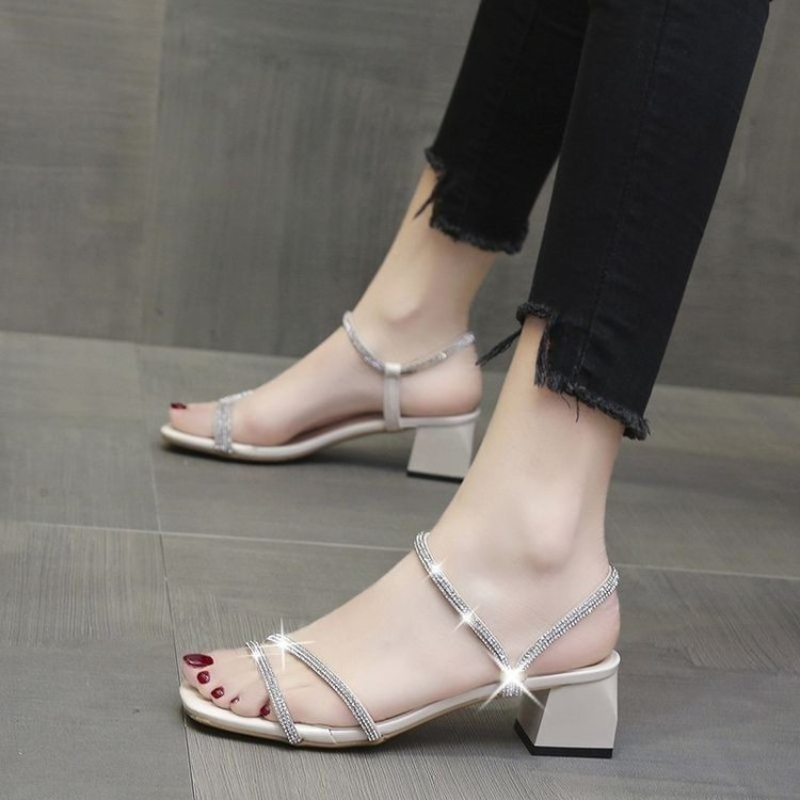 Women Shoes Formal - Women's Square Toe Rhinestone Mid-Heel Sandals,